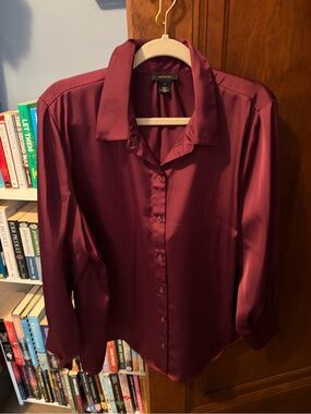 Halogen Satin Button-Down Blouse in Deep Wine
